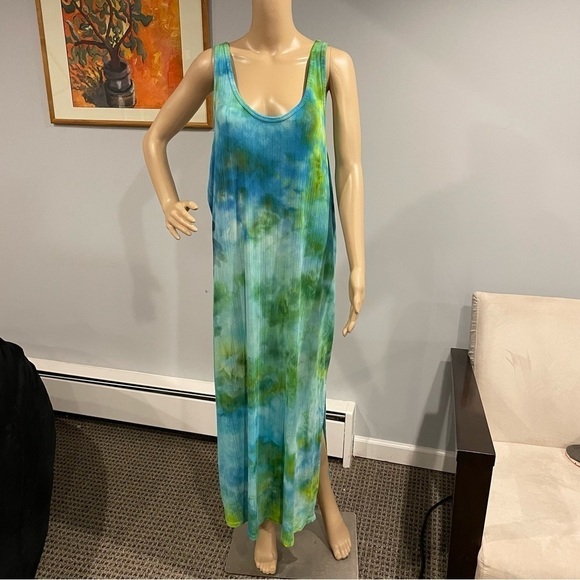 Tie dye 3X plus size tank maxi dress side slit blue green galaxy microrib - Picture 2 of 7